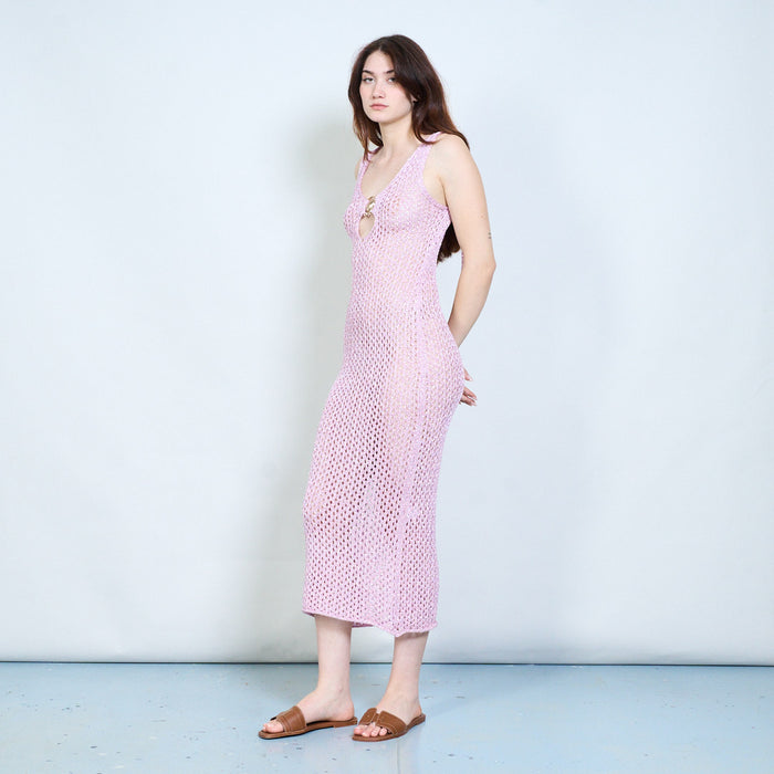 Elegant open knit sleeveless maxi dress with deep v neckline and shell detail tie closure wholesale