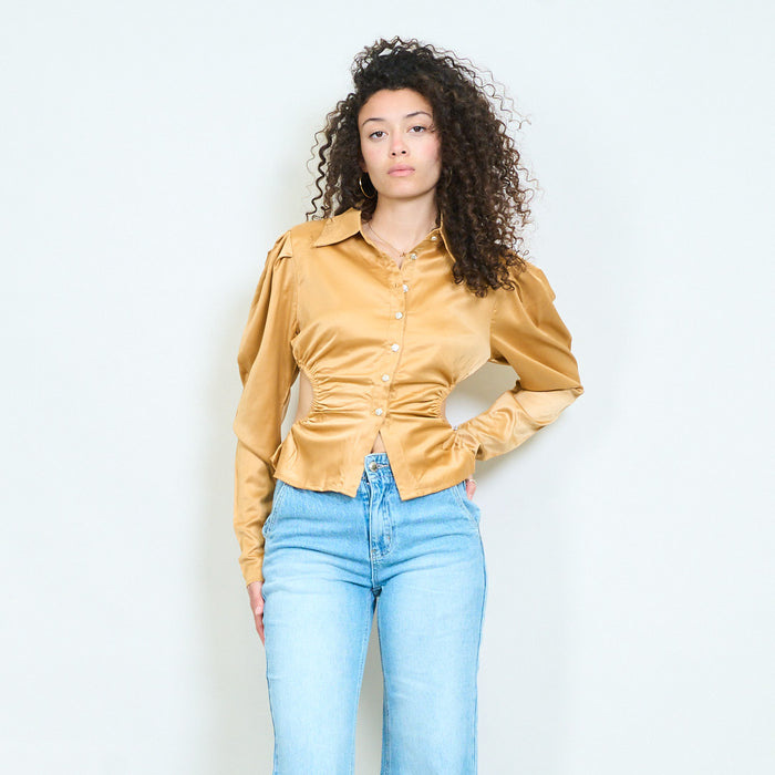 Elegant satin ruched waist fitted long sleeve blouse wholesale