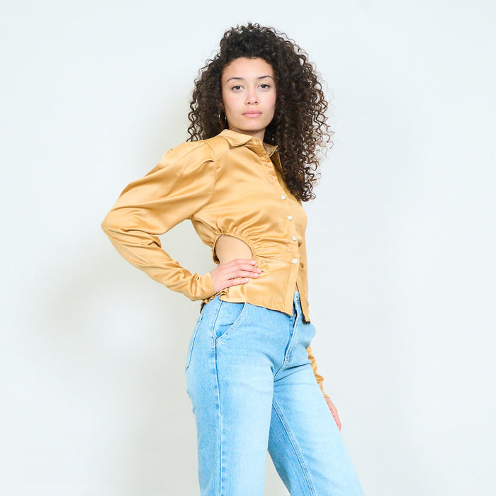 Elegant satin ruched waist fitted long sleeve blouse wholesale