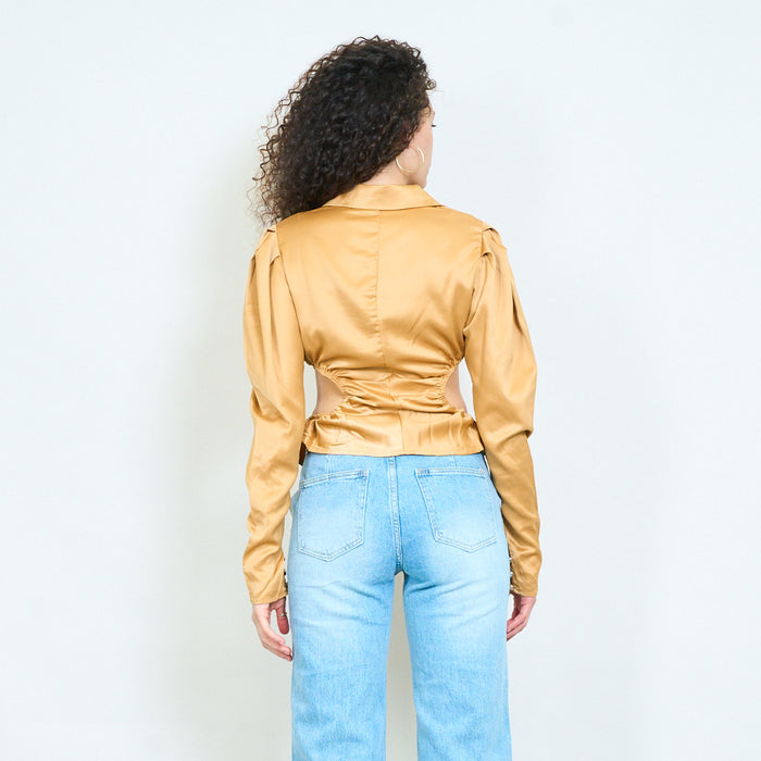 Elegant satin ruched waist fitted long sleeve blouse wholesale