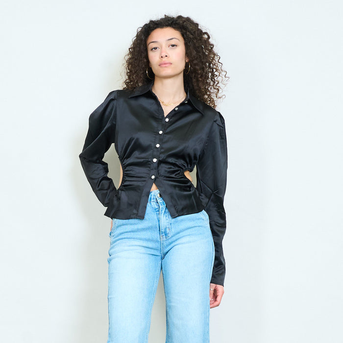 Elegant satin ruched waist fitted long sleeve blouse wholesale