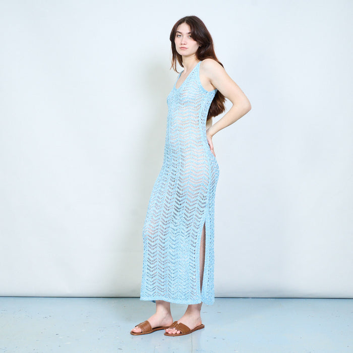 Elegant shimmer chevron open knit sleeveless bodycon maxi dress with deep v neckline wholesale