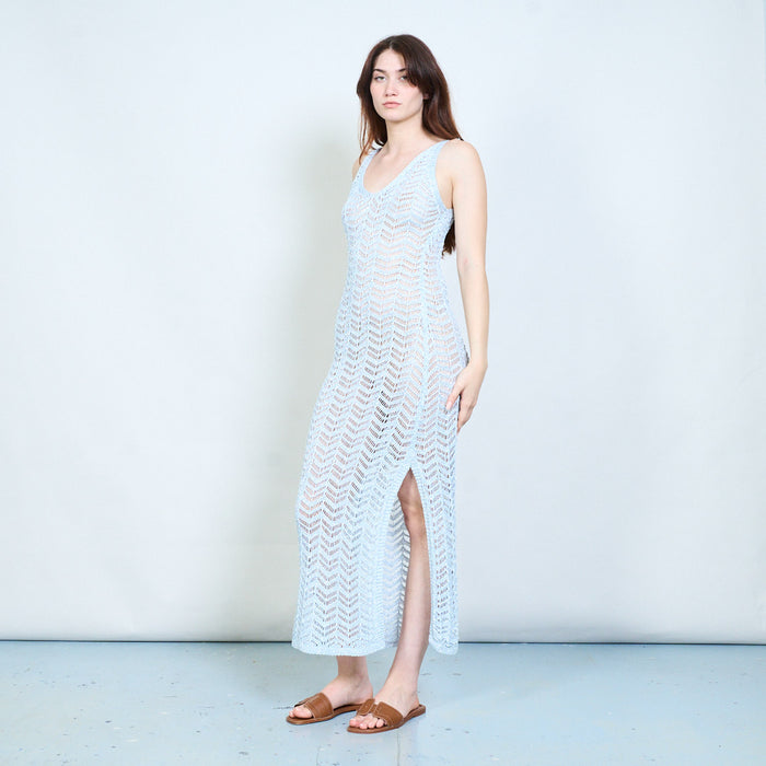 Elegant shimmer chevron open knit sleeveless bodycon maxi dress with deep v neckline wholesale