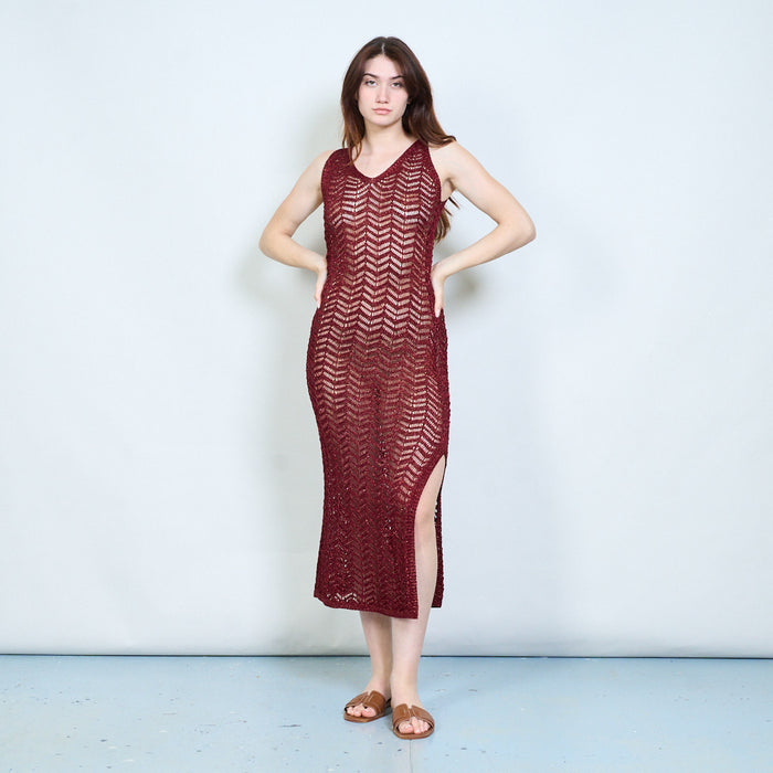 Elegant shimmer chevron open knit sleeveless bodycon maxi dress with deep v neckline wholesale