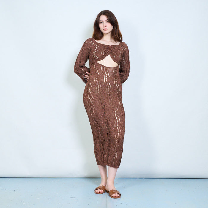 Elegant shimmer ribbed open knit off shoulder bodycon maxi dress with back cut out detail wholesale
