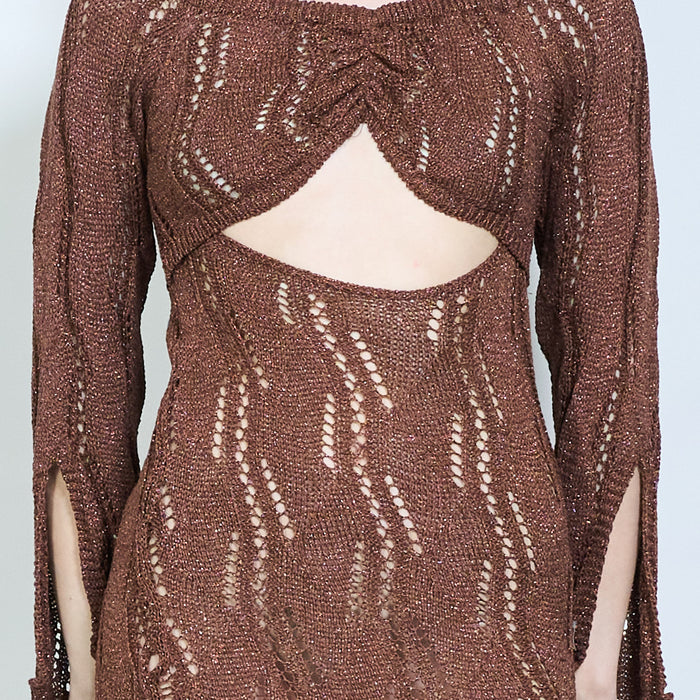 Elegant shimmer ribbed open knit off shoulder bodycon maxi dress with back cut out detail wholesale