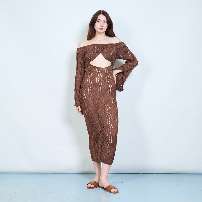 Elegant shimmer ribbed open knit off shoulder bodycon maxi dress with back cut out detail wholesale