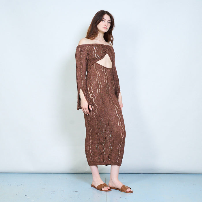 Elegant shimmer ribbed open knit off shoulder bodycon maxi dress with back cut out detail wholesale