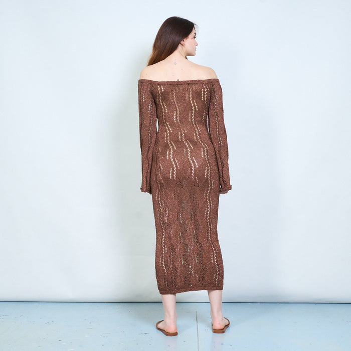 Elegant shimmer ribbed open knit off shoulder bodycon maxi dress with back cut out detail wholesale