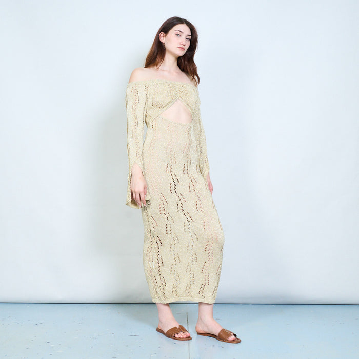 Elegant shimmer ribbed open knit off shoulder bodycon maxi dress with back cut out detail wholesale