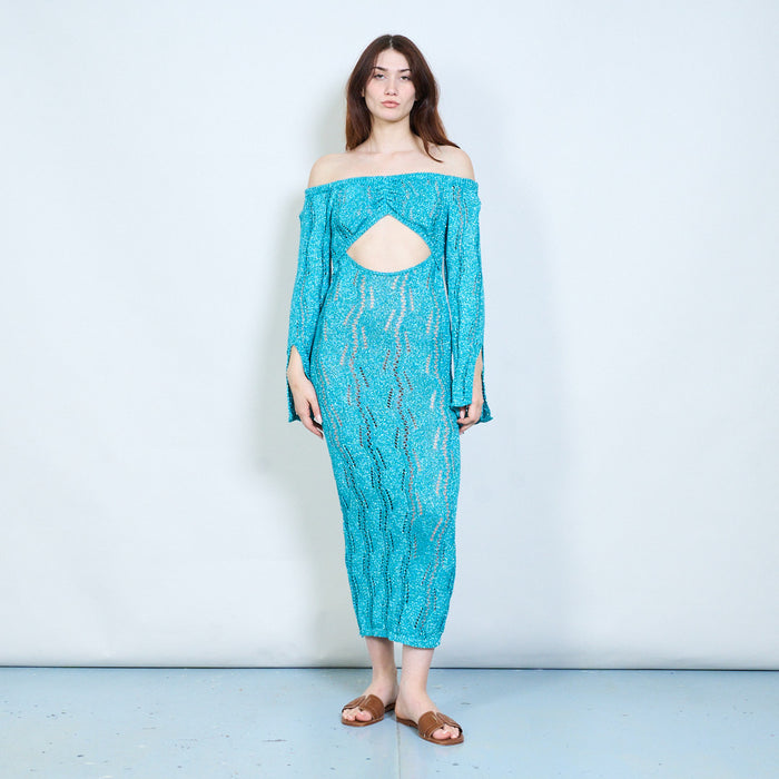 Elegant shimmer ribbed open knit off shoulder bodycon maxi dress with back cut out detail wholesale