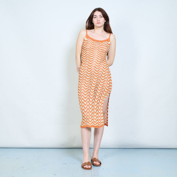 Elegant zigzag open knit sleeveless maxi dress with lace up back detail wholesale