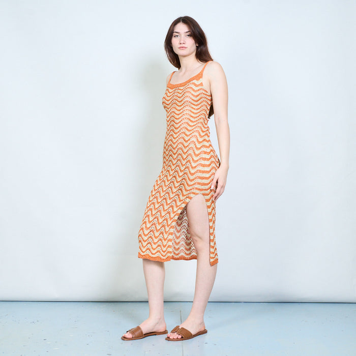 Elegant zigzag open knit sleeveless maxi dress with lace up back detail wholesale