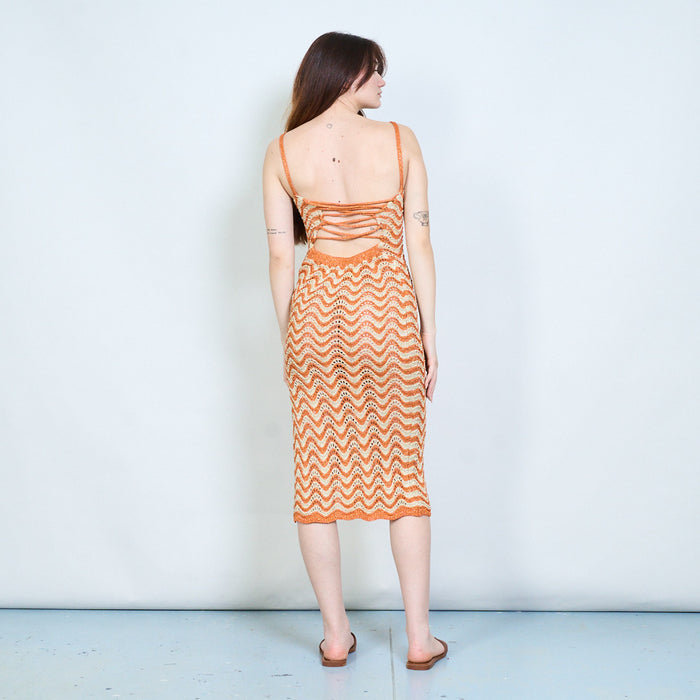 Elegant zigzag open knit sleeveless maxi dress with lace up back detail wholesale