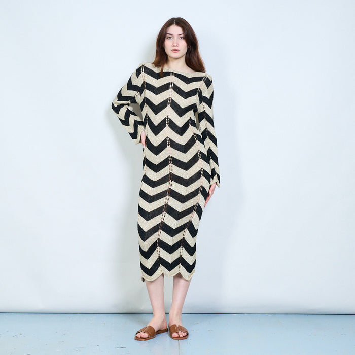 Elegant zigzag patterned open knit long sleeve maxi dress with back tie detail wholesale