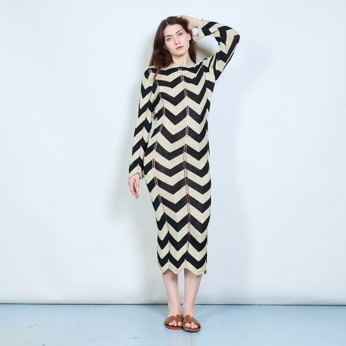 Elegant zigzag patterned open knit long sleeve maxi dress with back tie detail wholesale