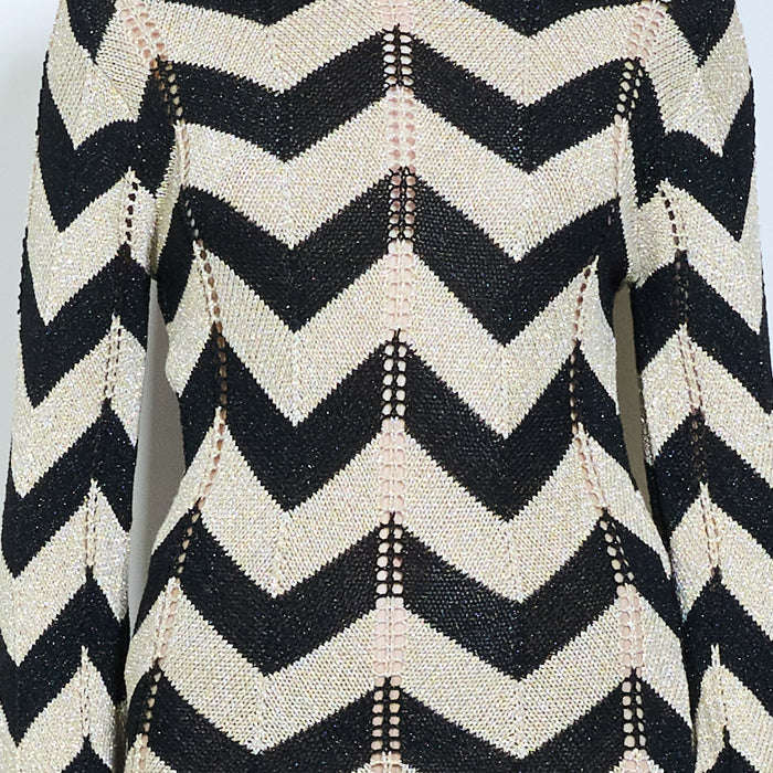 Elegant zigzag patterned open knit long sleeve maxi dress with back tie detail wholesale