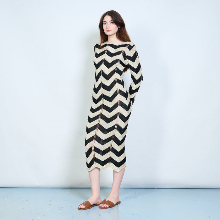 Elegant zigzag patterned open knit long sleeve maxi dress with back tie detail wholesale