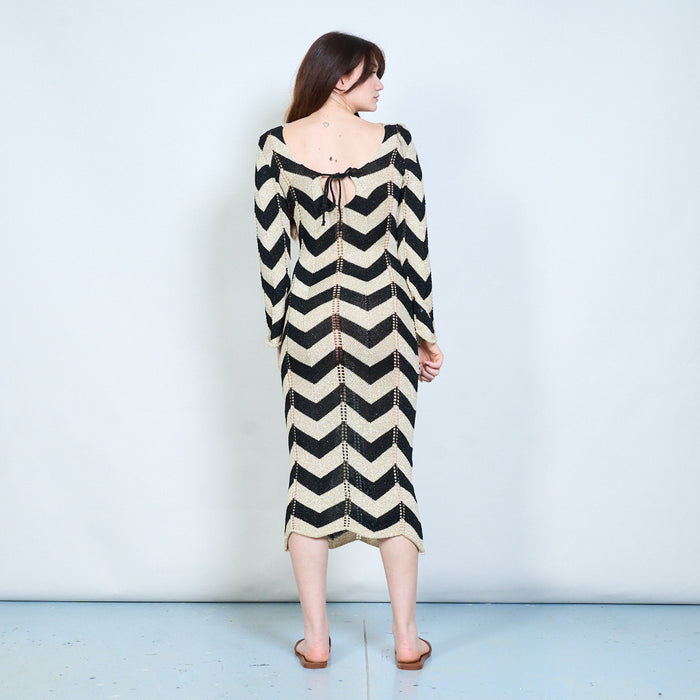 Elegant zigzag patterned open knit long sleeve maxi dress with back tie detail wholesale