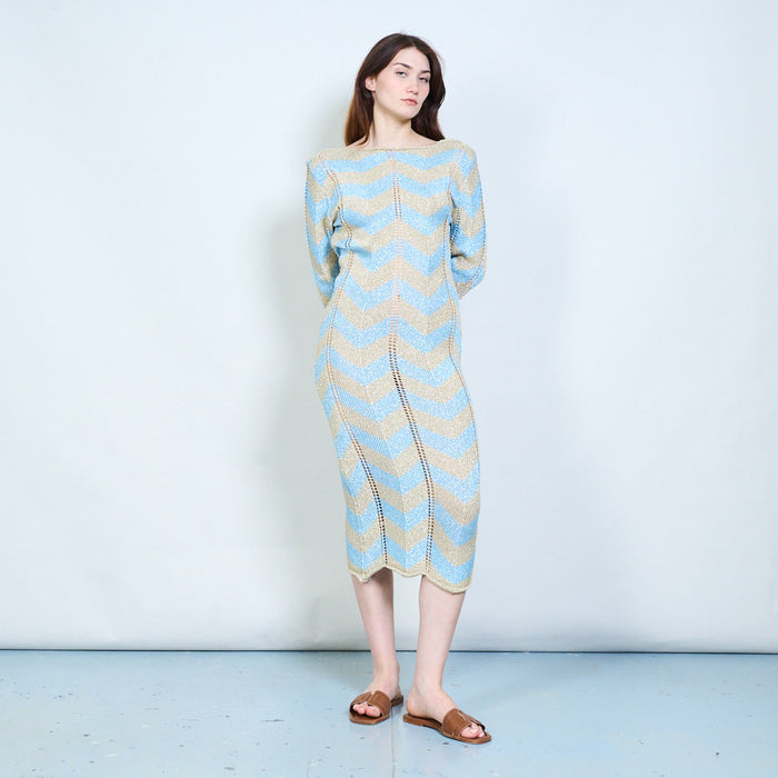 Elegant zigzag patterned open knit long sleeve maxi dress with back tie detail wholesale