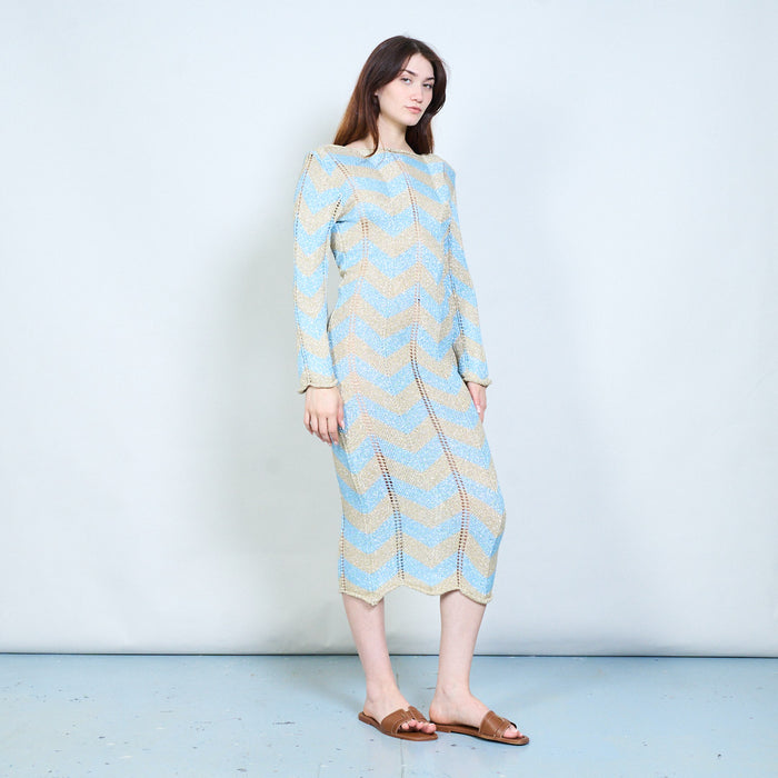 Elegant zigzag patterned open knit long sleeve maxi dress with back tie detail wholesale