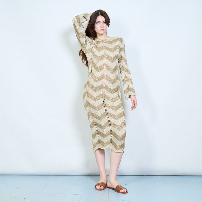 Elegant zigzag patterned open knit long sleeve maxi dress with back tie detail wholesale