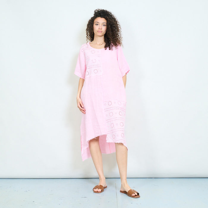 Embroidered eyelet patchwork asymmetric midi linen dress wholesale