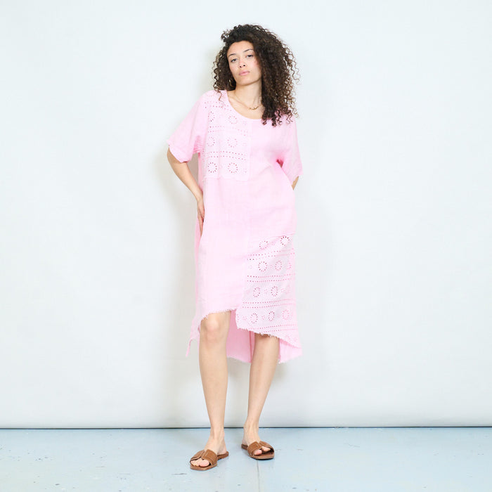 Embroidered eyelet patchwork asymmetric midi linen dress wholesale