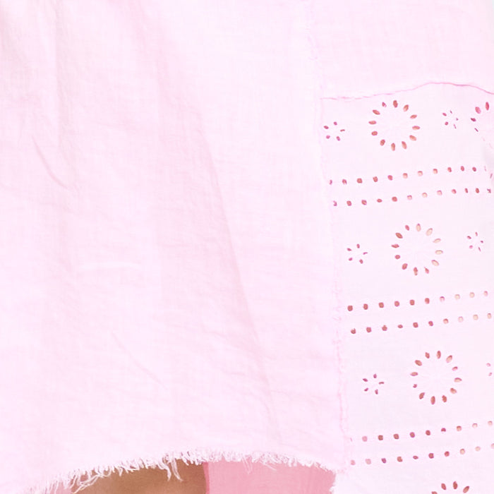 Embroidered eyelet patchwork asymmetric midi linen dress wholesale