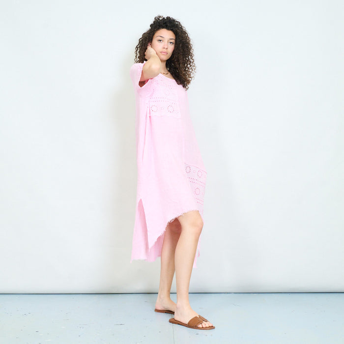 Embroidered eyelet patchwork asymmetric midi linen dress wholesale