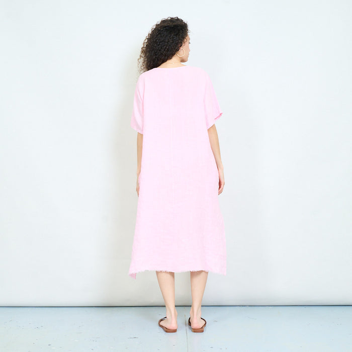 Embroidered eyelet patchwork asymmetric midi linen dress wholesale