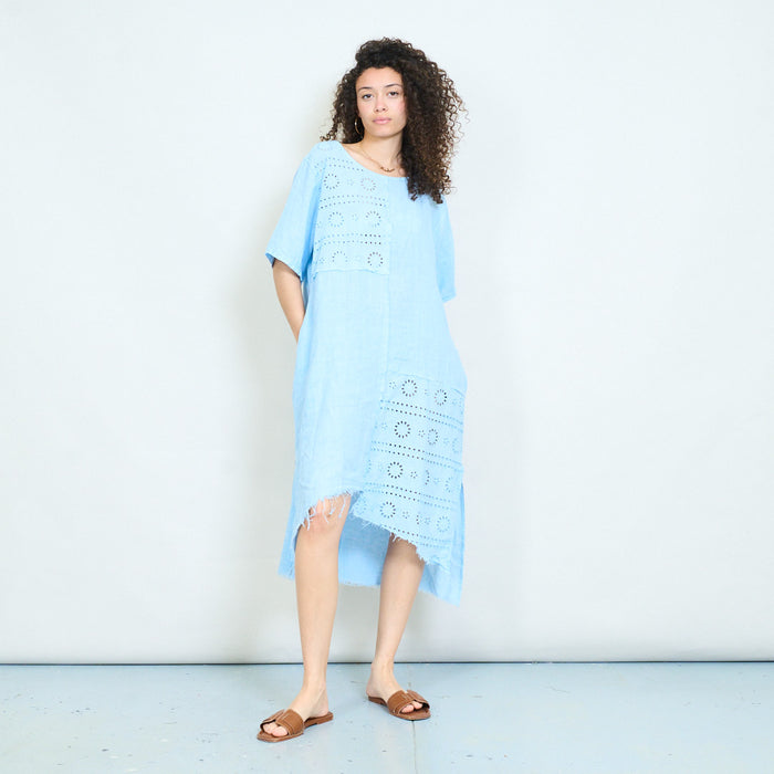Embroidered eyelet patchwork asymmetric midi linen dress wholesale