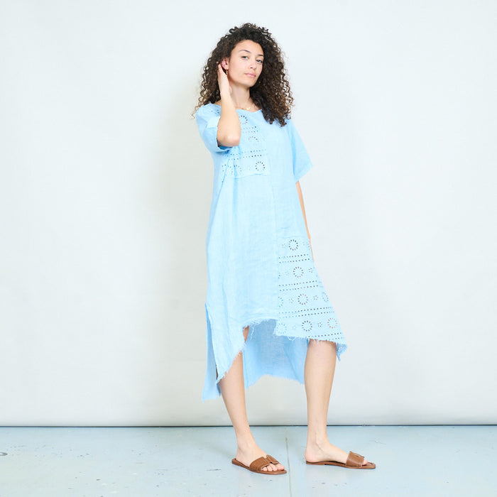 Embroidered eyelet patchwork asymmetric midi linen dress wholesale