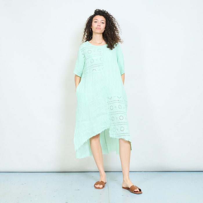 Embroidered eyelet patchwork asymmetric midi linen dress wholesale