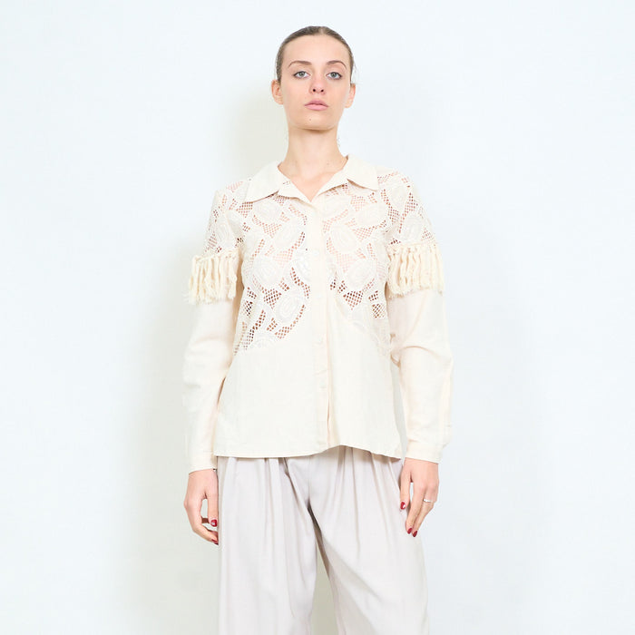 Embroidered lace panel shirt blouse with fringe sleeve trim and button front detail wholesale