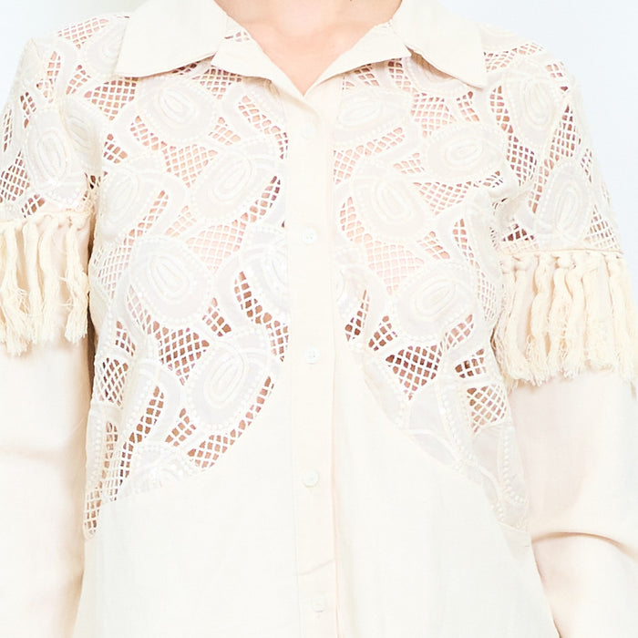Embroidered lace panel shirt blouse with fringe sleeve trim and button front detail wholesale
