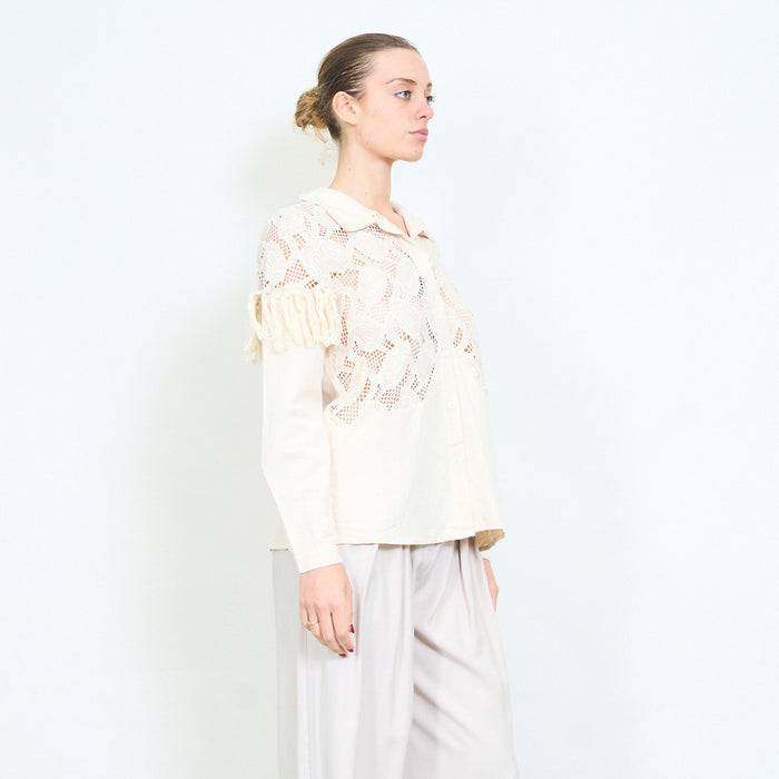 Embroidered lace panel shirt blouse with fringe sleeve trim and button front detail wholesale