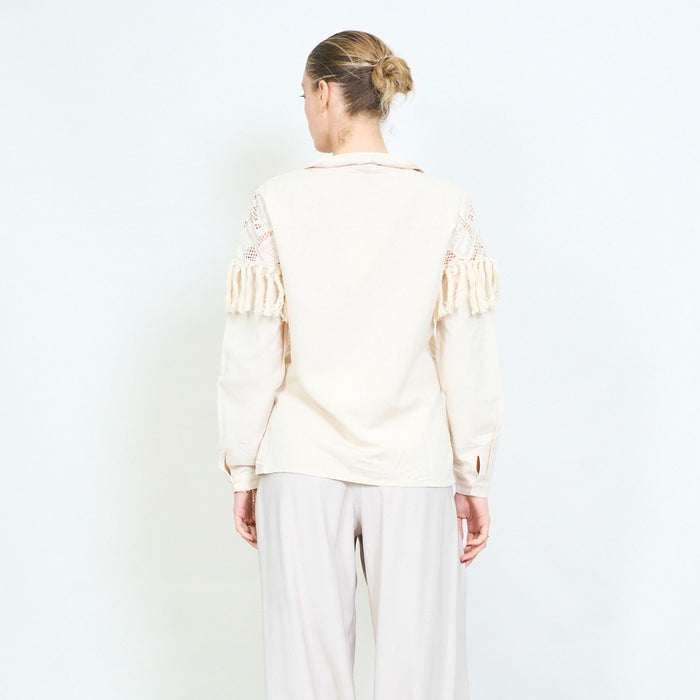 Embroidered lace panel shirt blouse with fringe sleeve trim and button front detail wholesale