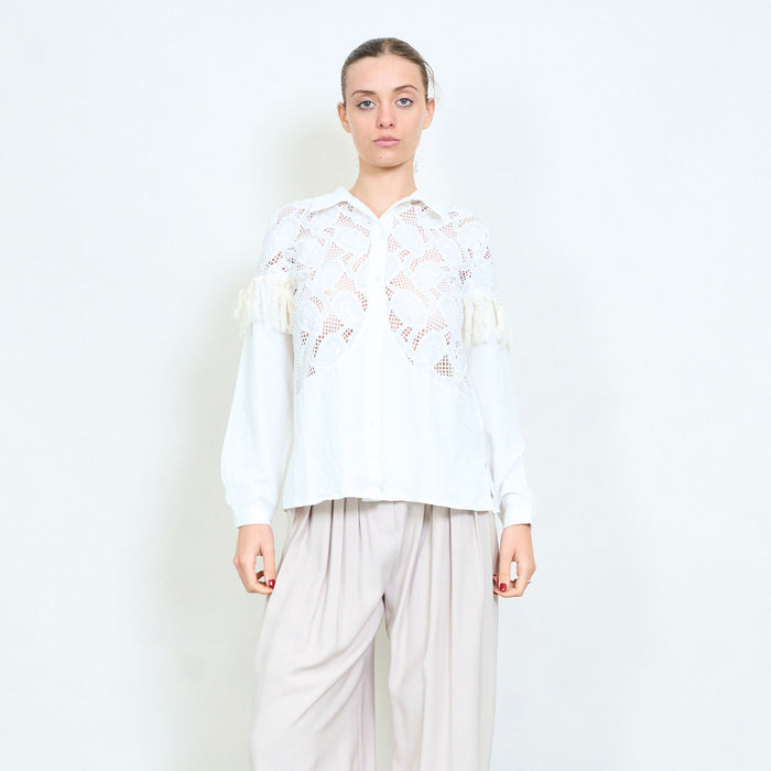 Embroidered lace panel shirt blouse with fringe sleeve trim and button front detail wholesale