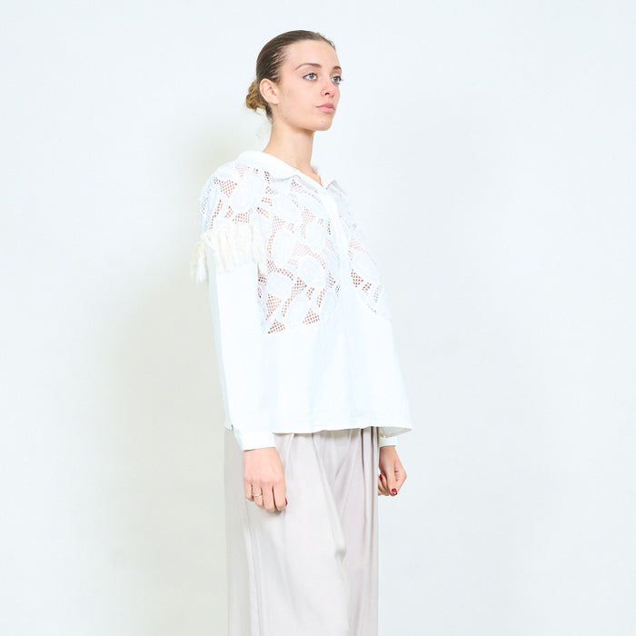 Embroidered lace panel shirt blouse with fringe sleeve trim and button front detail wholesale