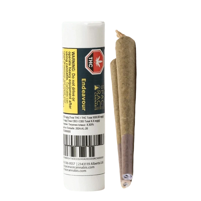 Close-up of the Endevour Pre Rolled 2 x 1 g packaging with a warning label, showcasing a black and white design.