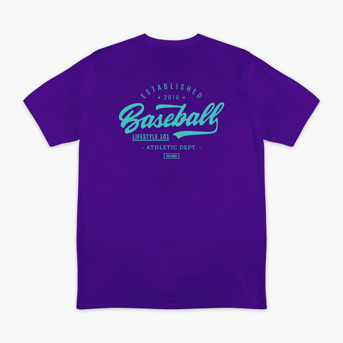 Purple and teal Established graphic tee — back view