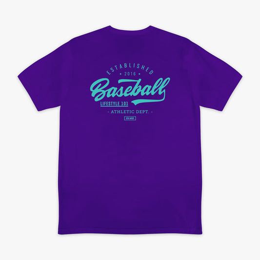 Purple and teal Established graphic tee — back view