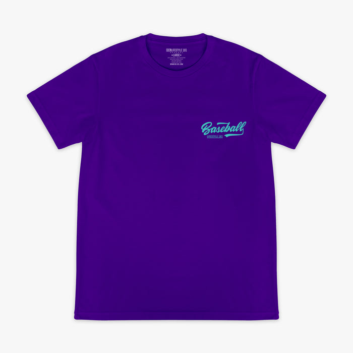 Purple and teal Established graphic tee — front view