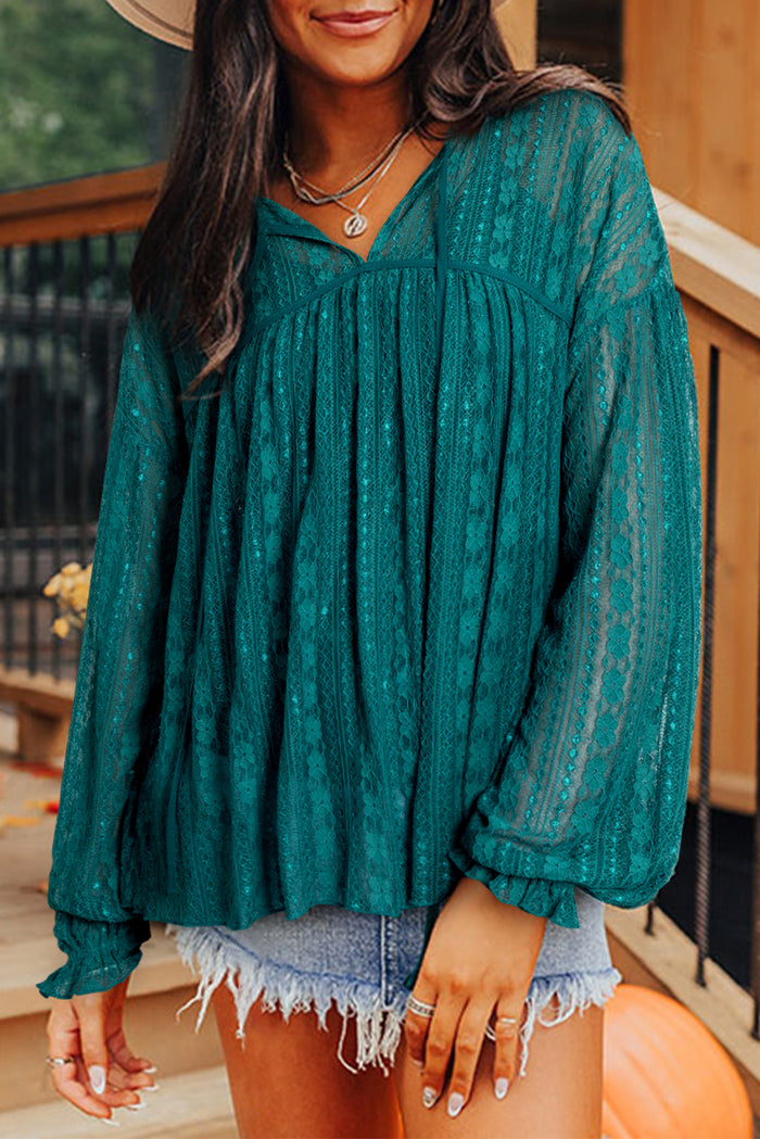 Evergreen Sheer Lace Balloon Sleeve Babydoll Blouse 🇺🇸