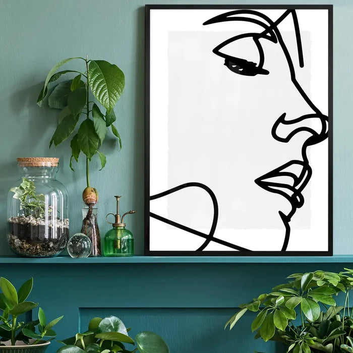 Face Close Up Line Art Print black framed on a living room shelf