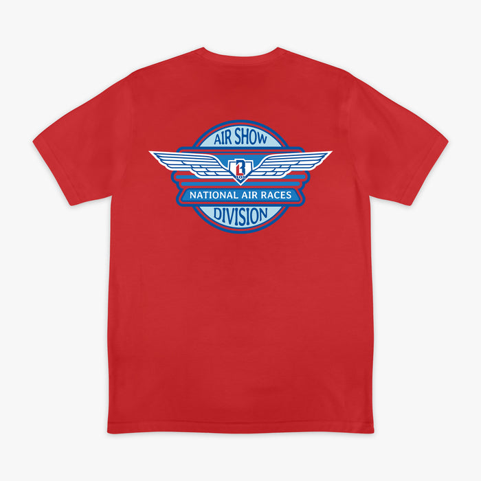 Red short sleeve tee with large Air Show National Air Races Division winged circle badge in blue and white on white background