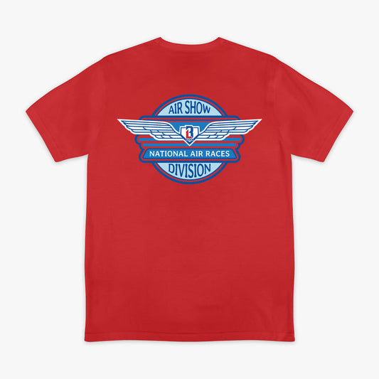 Red short sleeve tee with large Air Show National Air Races Division winged circle badge in blue and white on white background