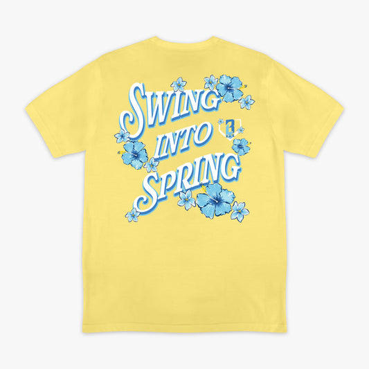 Yellow t-shirt with 'Swing into Spring' text and blue floral designs on a white background