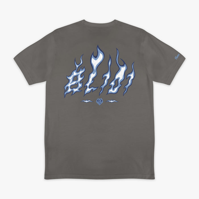 Flat lay back of gray tee with blue and white BL101 flame letter graphic and BL101 logo, "Flame" sleeve hit.